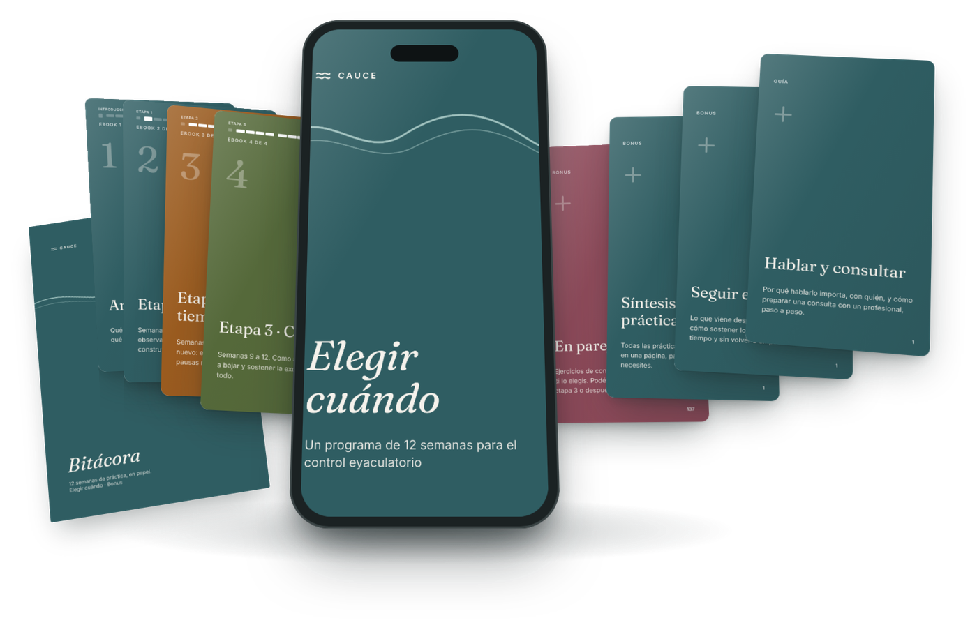 El programa completo: los cuatro ebooks en el celular, los bonus, la guía y la bitácora impresa