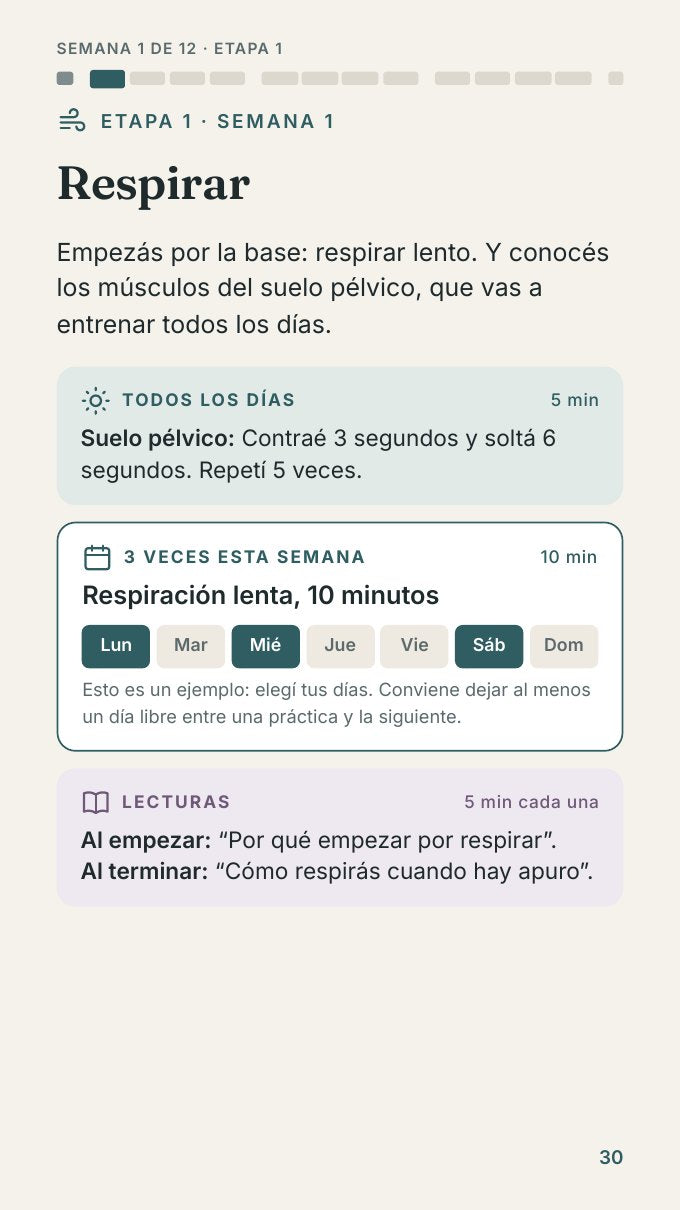 Página de la semana 1: respirar, con el calendario de la semana